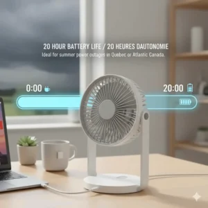 An infographic showing a rechargeable desk fan running for 20 hours, ideal for summer power outages in Quebec or Atlantic Canada.