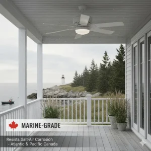 Illustration of a white marine-grade outdoor ceiling fan ideal for coastal homes in British Columbia or Atlantic Canada to prevent salt-air corrosion.