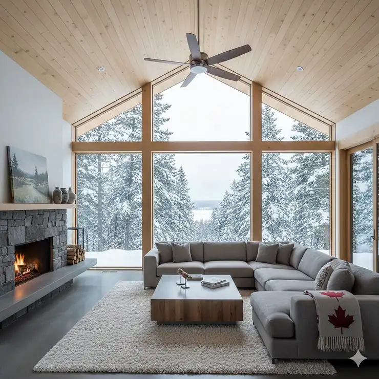 A sleek wood-blade DC motor ceiling fan installed in a modern Canadian home with large windows overlooking a scenic evergreen forest.