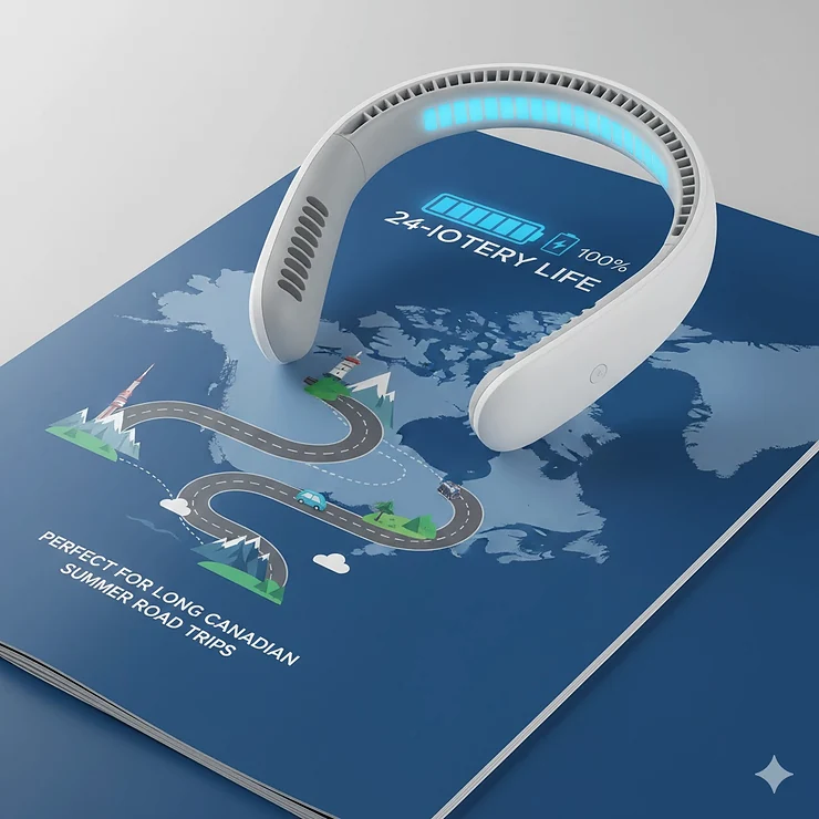 Technical drawing showing the long battery life of a neck fan, perfect for long Canadian summer road trips.