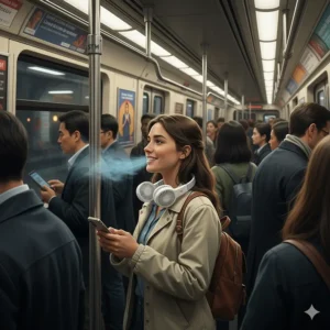 Illustration of a commuter using a hands-free neck fan on a busy Montreal STM metro train.
