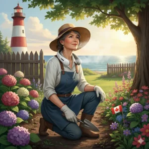 An individual wearing a white neck fan while gardening in a backyard in the Canadian Maritimes.