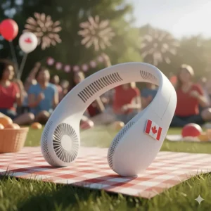 A close-up illustration of a lightweight, ergonomic neck fan design ideal for Canada Day outdoor celebrations.