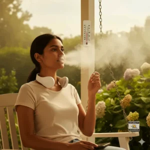 Illustration showing the cooling relief of a neck fan during a humid Southern Ontario heatwave.