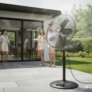 High-velocity oscillating fan for outdoor cooling, ideal for Canadian backyard decks and patios.