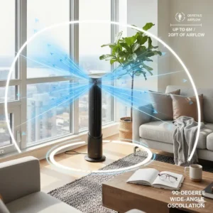 Diagram showing the 90-degree wide-angle oscillation of a tower fan providing full-room coverage.