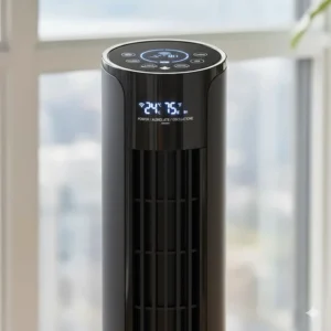 Close-up illustration of a digital control panel for an oscillating tower fan with clear icons for Canadian bilingual users.