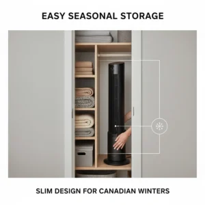 Illustration showing the slim profile of an oscillating tower fan being easily stored in a narrow closet during the Canadian winter.