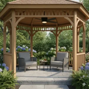 Illustration of a black industrial-style outdoor ceiling fan mounted inside a cedar garden gazebo, perfect for Canadian backyard entertaining.