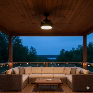 Illustration of a modern outdoor ceiling fan with integrated LED lighting, providing illumination for a Canadian deck during summer evenings.