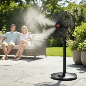 Pedestal misting fan for extreme heat relief on a sunny Canadian afternoon, dual cooling technology.