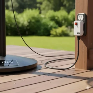 Outdoor pedestal fan with GFCI safety plug, certified for safe use in Canadian residential gardens.