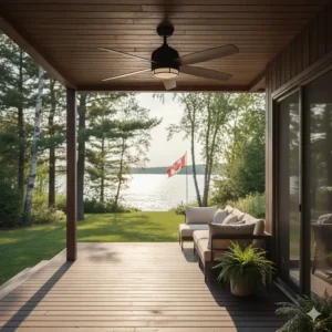 A weather-resistant outdoor ceiling fan installed on a covered cedar deck in a Canadian backyard.
