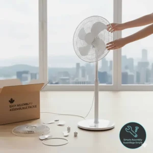 Step-by-step illustration showing the simple assembly of a height-adjustable pedestal fan with a Canadian flag icon on the box.