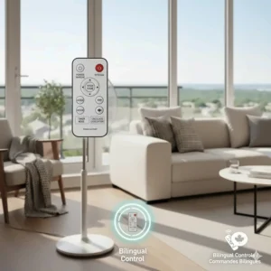 Close-up illustration of a pedestal fan remote control featuring English and French labels for speed and timer settings.