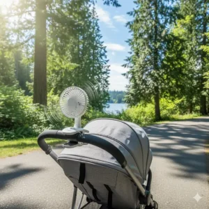 Battery-operated clip on fan attached to a stroller for outdoor cooling in a Canadian park.