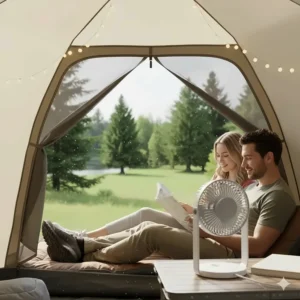 Illustration of a rechargeable desk fan used inside a tent during a summer camping trip in Algonquin Park, Ontario.