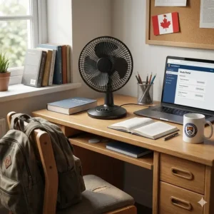 A compact black USB desk fan cooling a student's study area in a Canadian university dorm room.