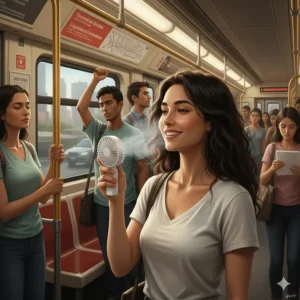 Illustration of a commuter using a quiet handheld fan on a busy Canadian public transit train during a heatwave.