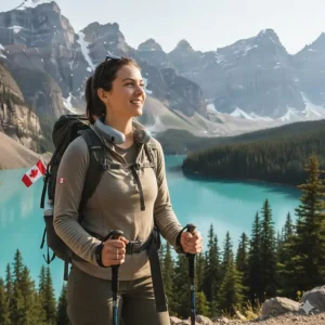 A hiker with a neck fan enjoying the view at Banff National Park, Alberta, staying cool on the trails.