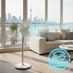 Illustration of a portable pedestal fan as an eco-friendly cooling alternative to heavy air conditioner use in Canada.