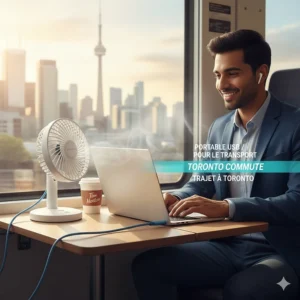 Portable USB desk fan connected to a laptop, ideal for Canadian commuters and remote workers in Toronto or Vancouver.