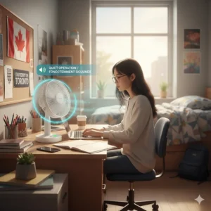 A quiet desk fan cooling a student's study space at a Canadian university during a summer semester.