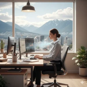 A professional in a Vancouver office wearing a quiet, bladeless neck fan while working at a laptop.