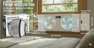 Quiet night mode illustration for a twin window fan highlighting ultra-quiet operation for noise-free cooling in a bedroom.