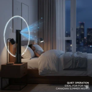 Illustration of a quiet oscillating tower fan in a peaceful bedroom setting, ideal for hot Canadian summer nights.