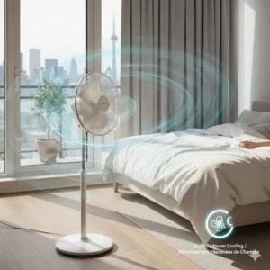 A silent pedestal fan positioned in a bedroom to provide airflow during a humid Southern Ontario summer night.
