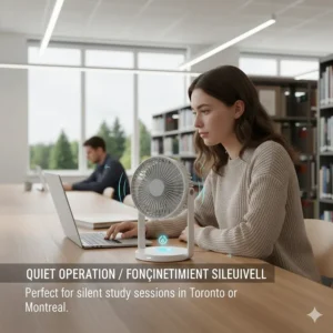 A student using a quiet rechargeable desk fan in a university library setting, perfect for silent study sessions in Toronto or Montreal.