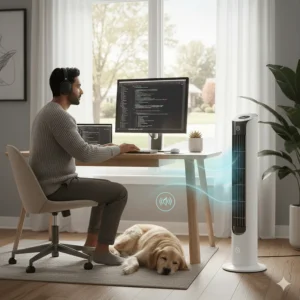 A whisper-quiet tower fan for apartment home offices, perfect for remote work in Canada.