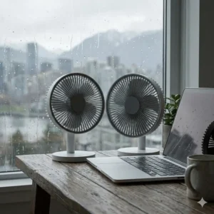 An ultra-quiet USB desk fan on a wooden desk next to a laptop in a Vancouver-style rainy day workspace.