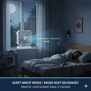 Illustration of a whisper-quiet window fan ideal for overnight use in a nursery or bedroom.