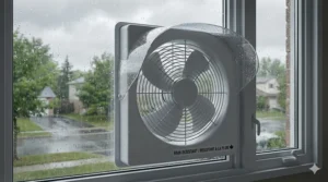 A durable, rain-resistant window fan designed to withstand unpredictable Canadian summer storms.