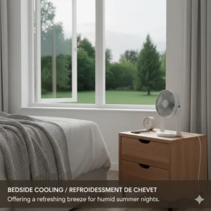 A compact rechargeable desk fan on a bedside table, offering a cool breeze for humid summer nights in Southern Ontario.