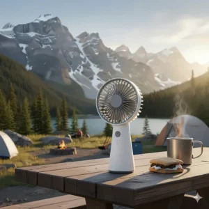 A portable rechargeable handheld fan sitting on a picnic table at a Canadian national park campsite with mountains in the background.