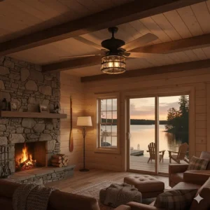 A rustic, farmhouse-style ceiling fan integrated into a classic wood-panelled Canadian lakefront cottage.