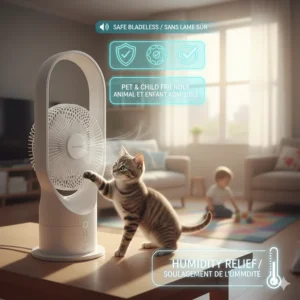 A bladeless desk fan with safety certifications for family homes and pet-friendly offices in Canada.