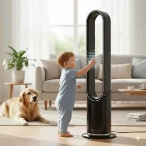 A bladeless tower fan operating safely near a toddler and a golden retriever, highlighting the lack of fast-spinning blades.
