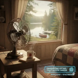 Vintage-style metal desk fan on a bedside table in a rustic Canadian lakeside cottage.