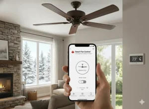 A smartphone app controlling a smart ceiling fan, highlighting home automation popular in Canadian urban centers.