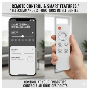 Hand using a remote control for a DC motor ceiling fan with 6-speed settings and bilingual EN/FR interface options.
