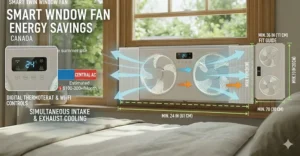 Close-up of smart digital thermostat and Wi-Fi controls on a twin window fan for precise home temperature management.