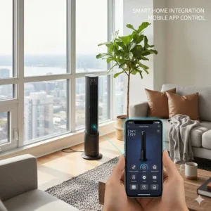 Illustration of a smartphone app controlling an oscillating tower fan remotely via Wi-Fi in a Canadian smart home.
