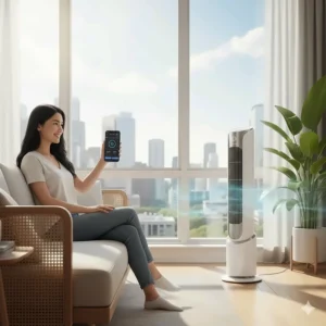 Modern smart tower fan for apartment automation, compatible with Canadian smart home systems.