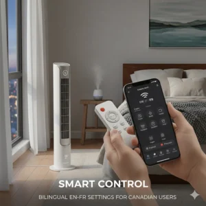 A handheld remote and smartphone app interface for a tower fan with bilingual EN-FR settings for Canadian users.