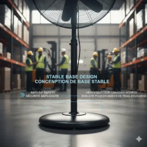 Illustration of a reinforced anti-tip base for a high velocity fan, ensuring safety in busy Canadian work environments.