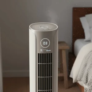 Close-up illustration of the dimmed LED display and sleep timer settings on a quiet Canadian bedroom fan.